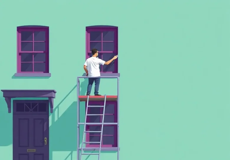 Peintre sur échafaudage traitant la façade d'une maison